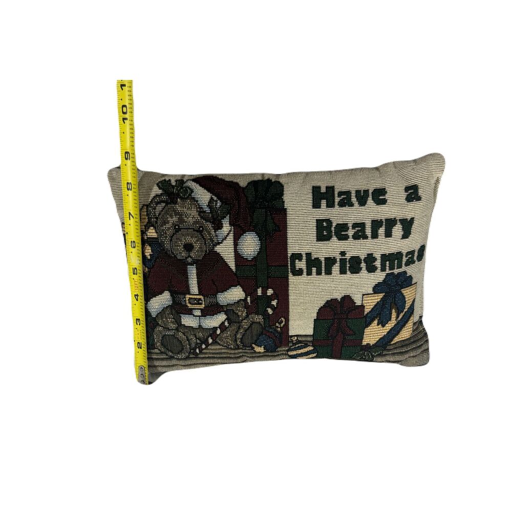 Vintage Have a Beary Christmas Santa Bear Tapestry Pillow 12" Holiday Decor